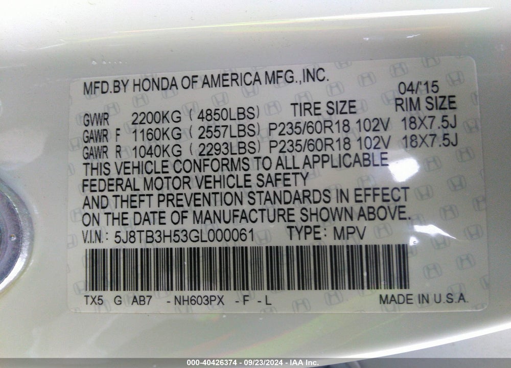2016 ACURA RDX TECHNOLOGY   WATCH PLUS PACKAGES/TECHNOLOGY PACKAGE VIN: 5J8TB3H53GL000061
