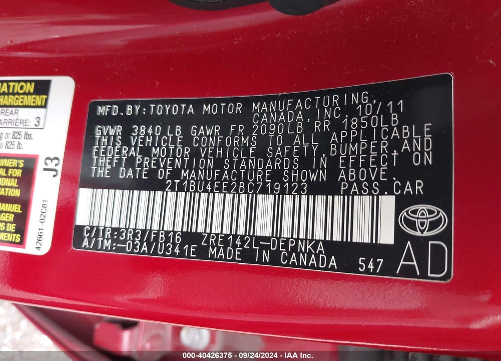 2011 TOYOTA COROLLA LE VIN: 2T1BU4EE2BC719123