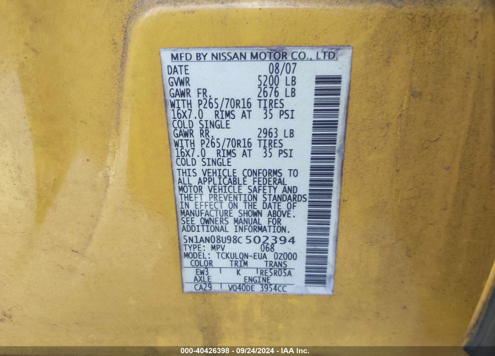 2008 NISSAN XTERRA X VIN: 5N1AN08U98C502394