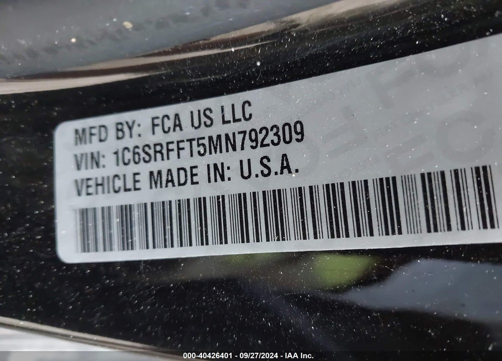 2021 RAM 1500 BIG HORN 4X4 5'7 BOX VIN: 1C6SRFFT5MN792309