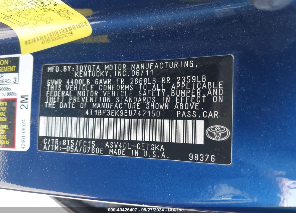 2011 TOYOTA CAMRY SE VIN: 4T1BF3EK9BU742150