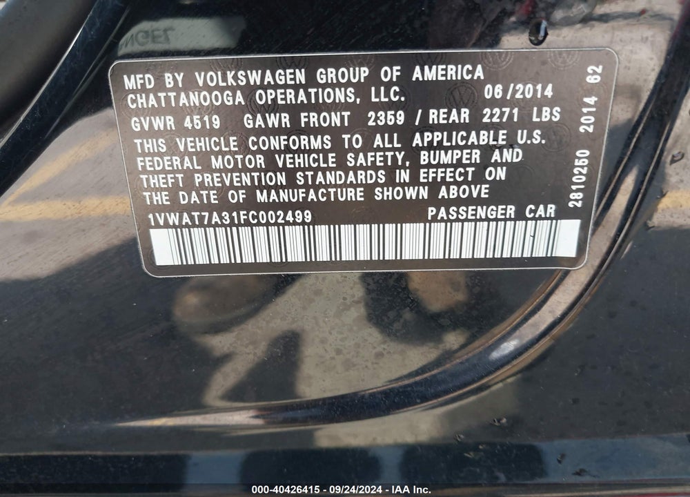 2015 VOLKSWAGEN PASSAT 1.8T WOLFSBURG EDITION VIN: 1VWAT7A31FC002499