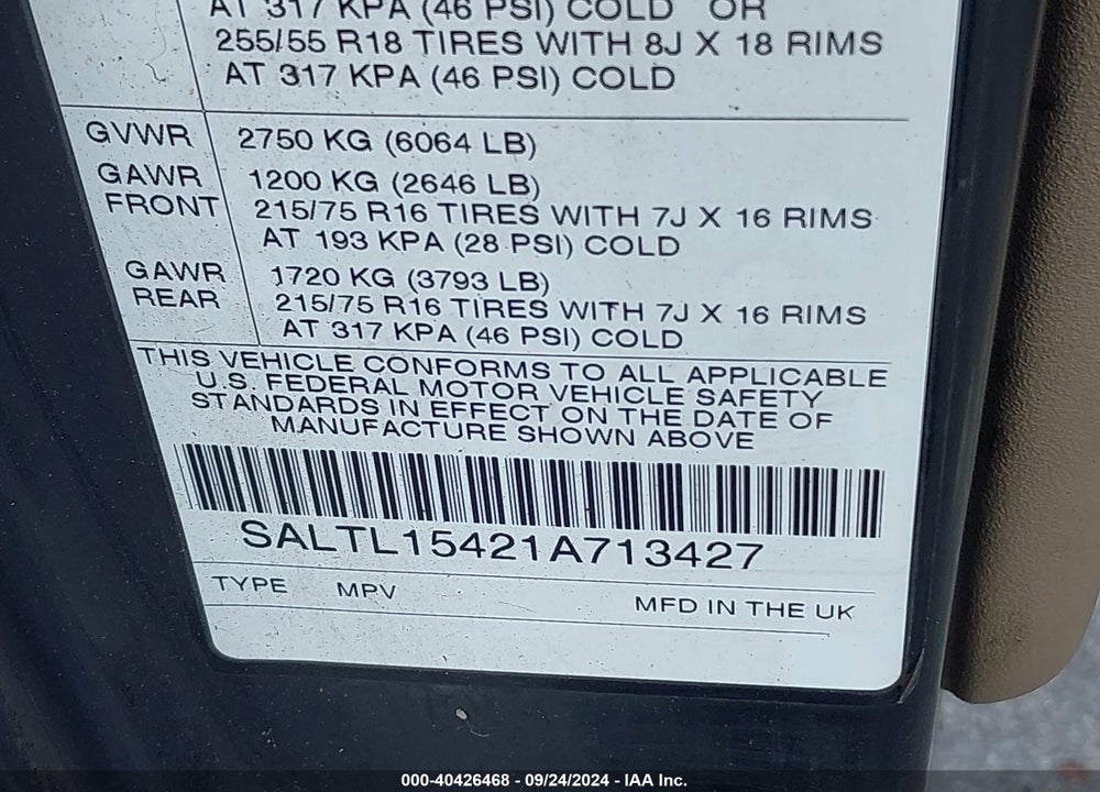 2001 LAND ROVER DISCOVERY SERIES II VIN: SALTL15421A713427