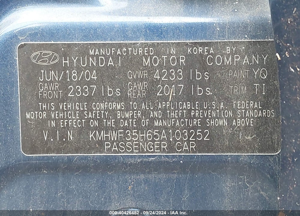 2005 HYUNDAI SONATA GLS/LX VIN: KMHWF35H65A103252