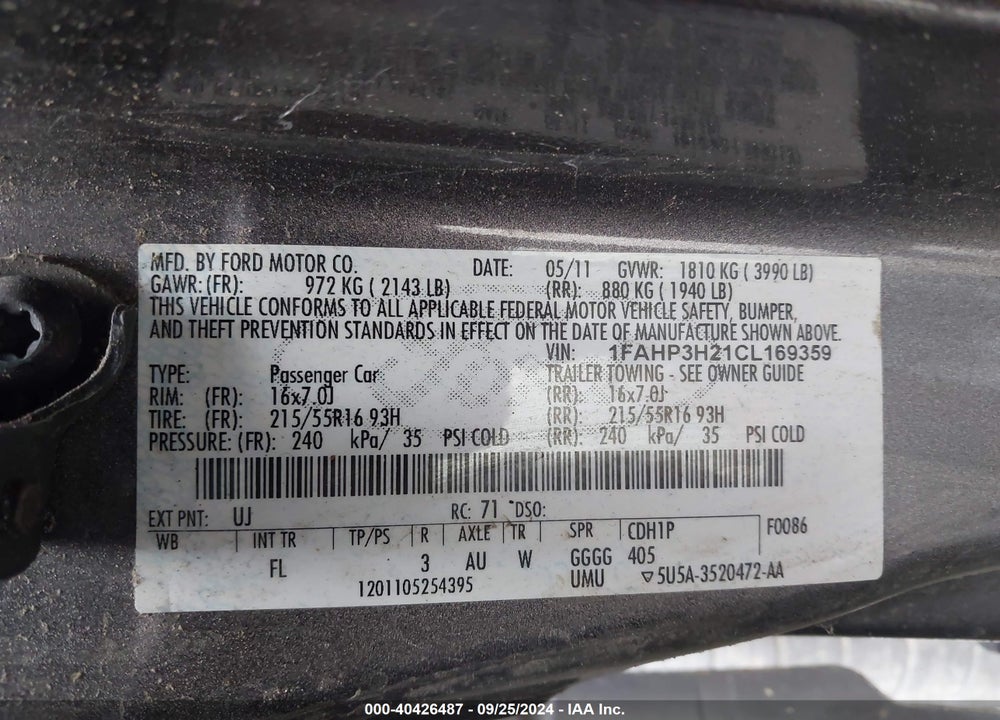 2012 FORD FOCUS SEL VIN: 1FAHP3H21CL169359