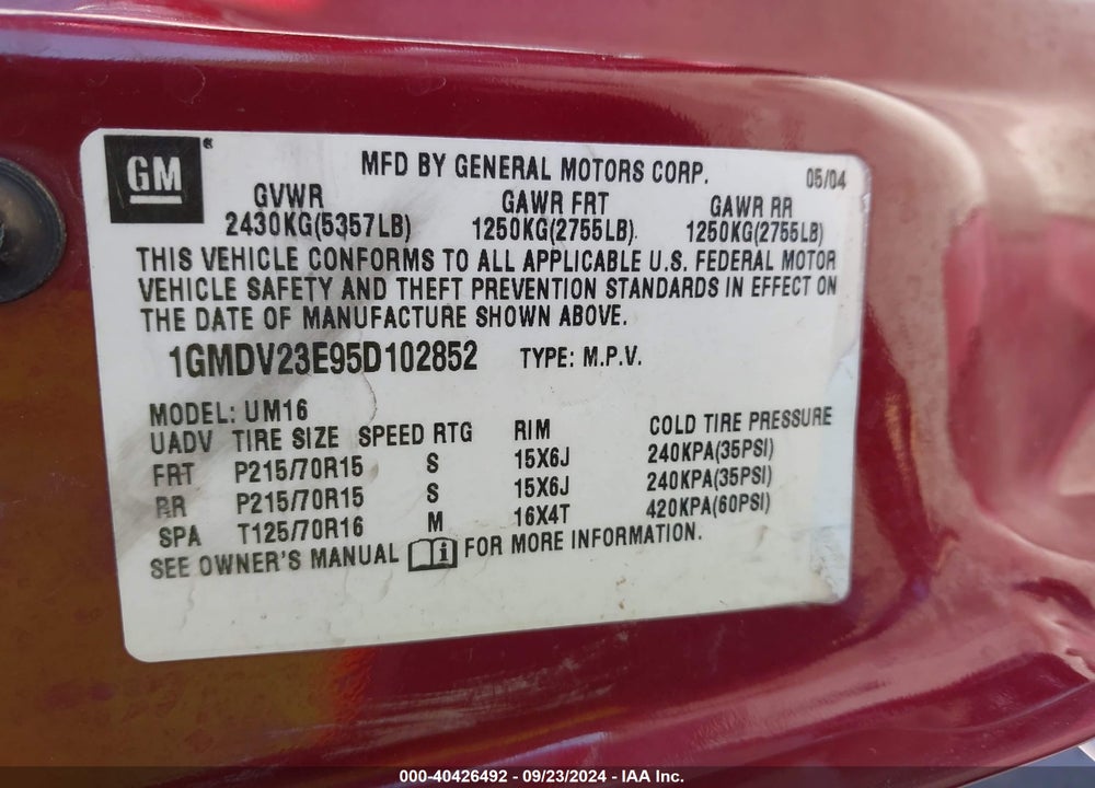 2005 PONTIAC MONTANA M16 W/1SA PKG. VIN: 1GMDV23E95D102852
