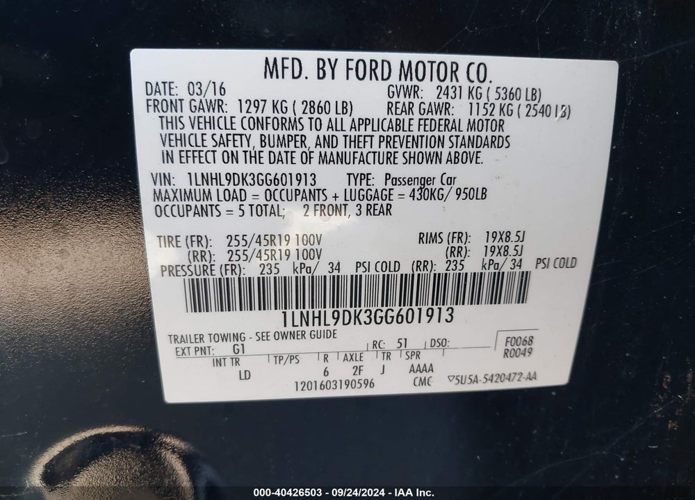 2016 LINCOLN MKS VIN: 1LNHL9DK3GG601913