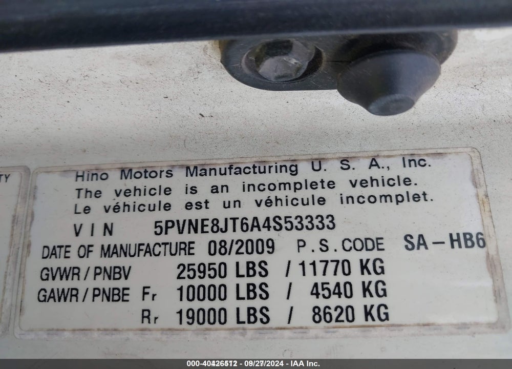 2010 HINO 268 VIN: 5PVNE8JT6A4S53333