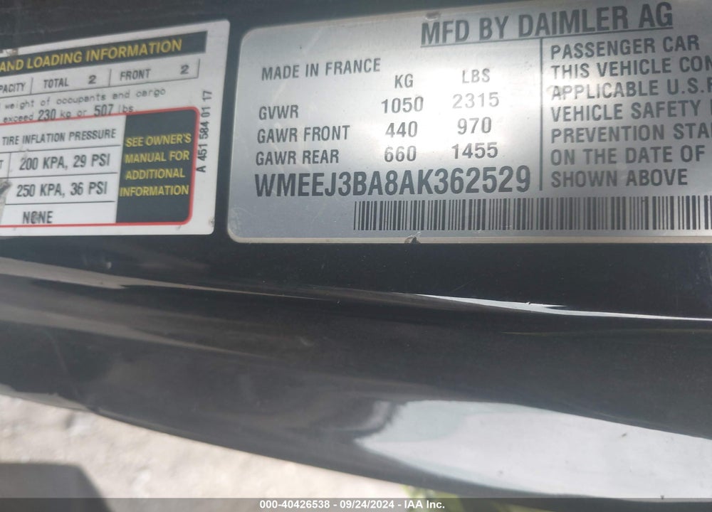 2010 SMART FORTWO PASSION/PURE VIN: WMEEJ3BA8AK362529