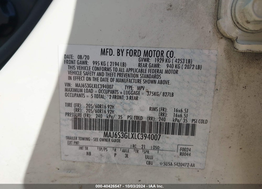 2020 FORD ECOSPORT SE VIN: MAJ6S3GLXLC394007
