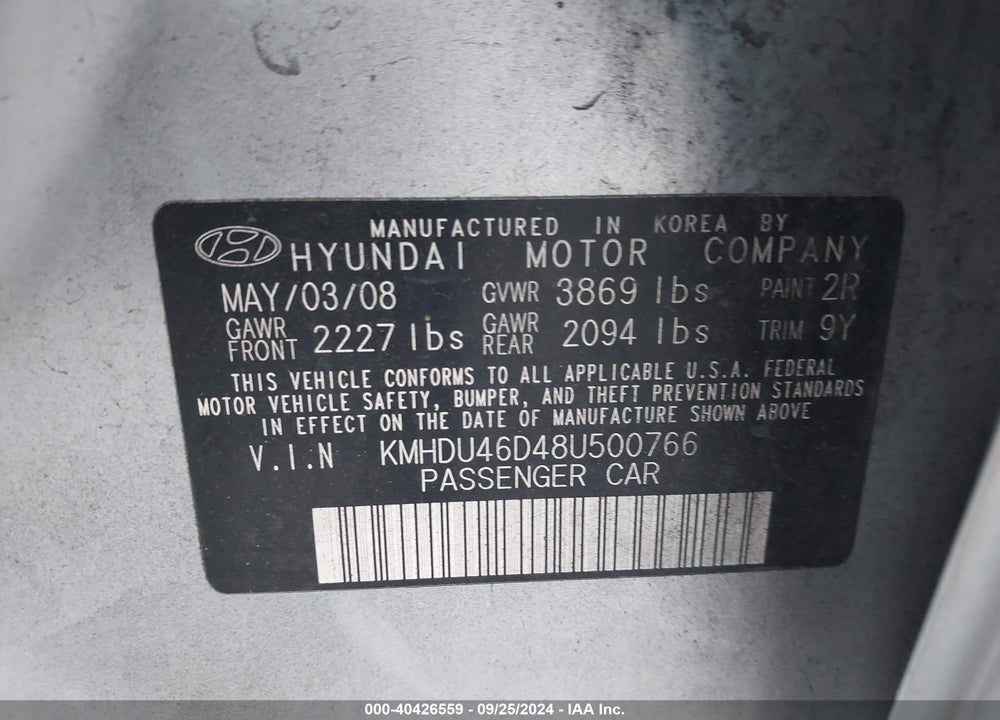 2008 HYUNDAI ELANTRA GLS/SE VIN: KMHDU46D48U500766