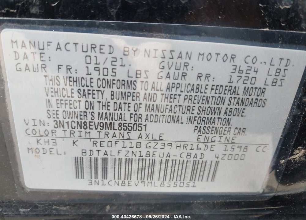 2021 NISSAN VERSA SV XTRONIC CVT VIN: 3N1CN8EV9ML855051