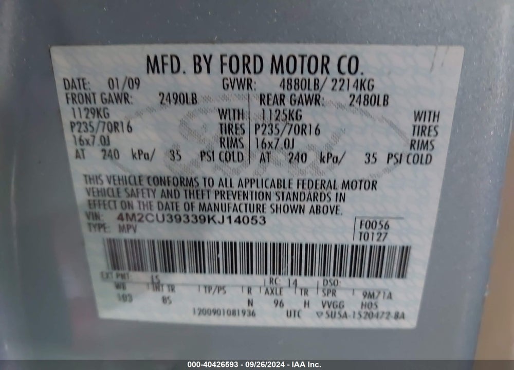 2009 MERCURY MARINER HYBRID VIN: 4M2CU39339KJ14053