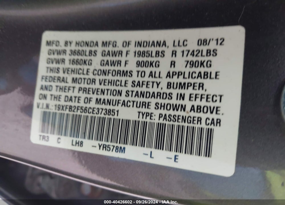 2012 HONDA CIVIC LX VIN: 19XFB2F56CE373851
