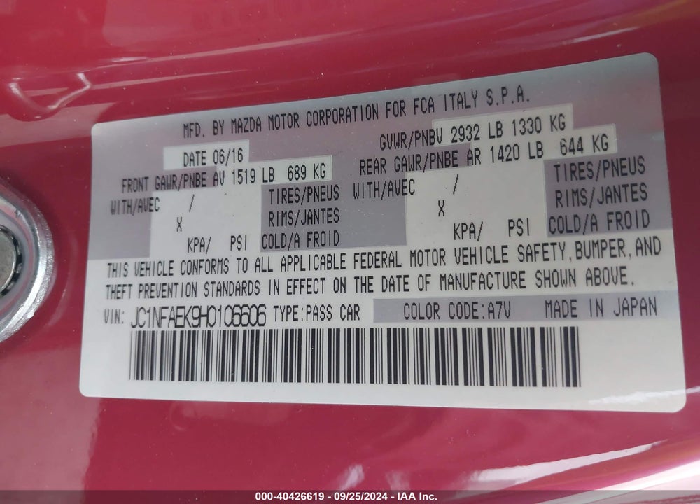 2017 FIAT 124 SPIDER CLASSICA VIN: JC1NFAEK9H0106606