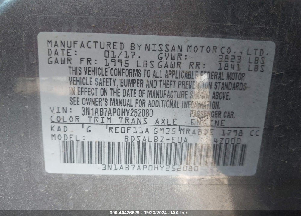 2017 NISSAN SENTRA S VIN: 3N1AB7AP0HY252080