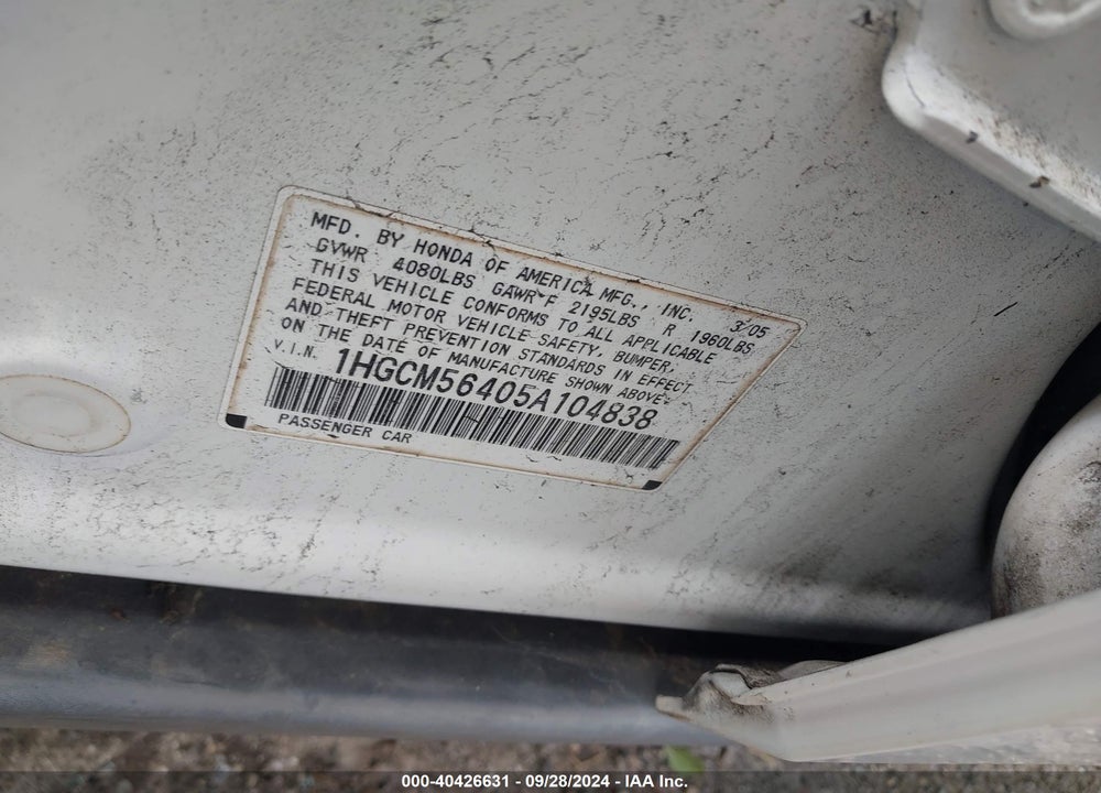 2005 HONDA ACCORD 2.4 LX VIN: 1HGCM56405A104838