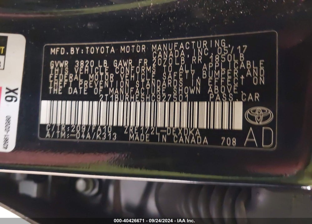 2017 TOYOTA COROLLA L VIN: 2T1BURHE5HC927501