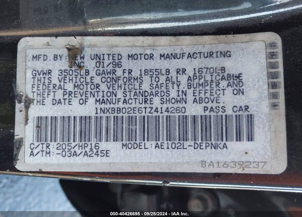 1996 TOYOTA COROLLA DX VIN: 1NXBB02E6TZ414260