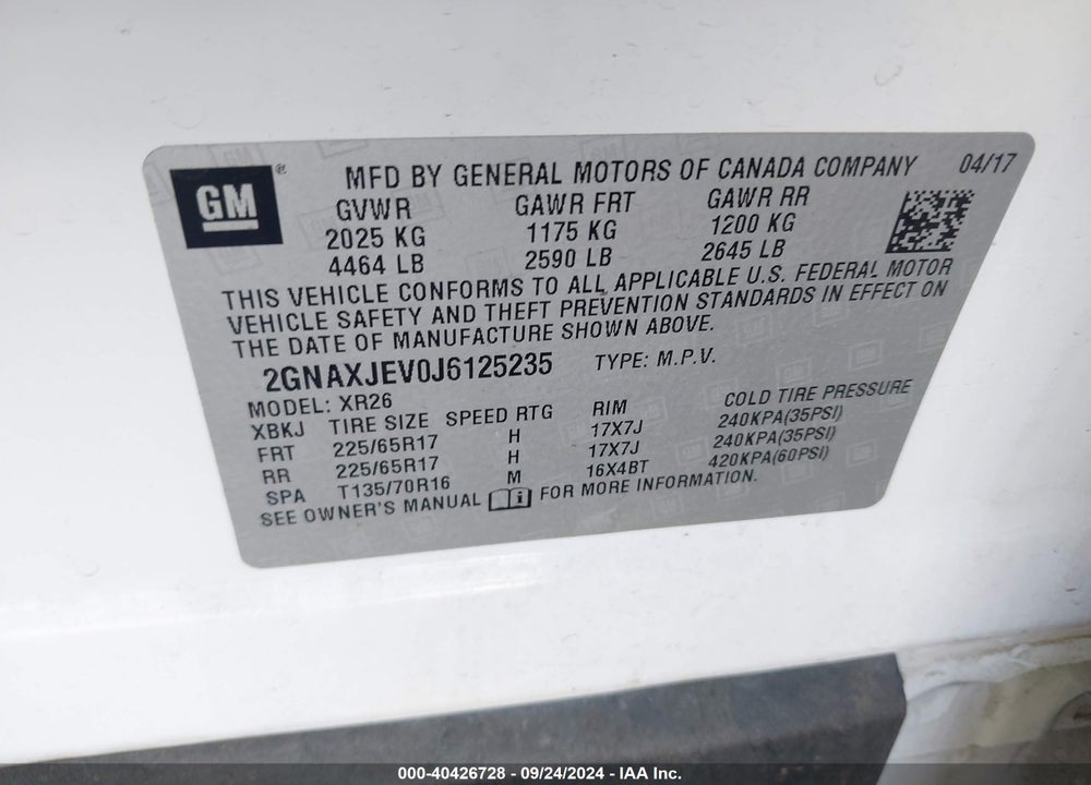 2018 CHEVROLET EQUINOX LT VIN: 2GNAXJEV0J6125235