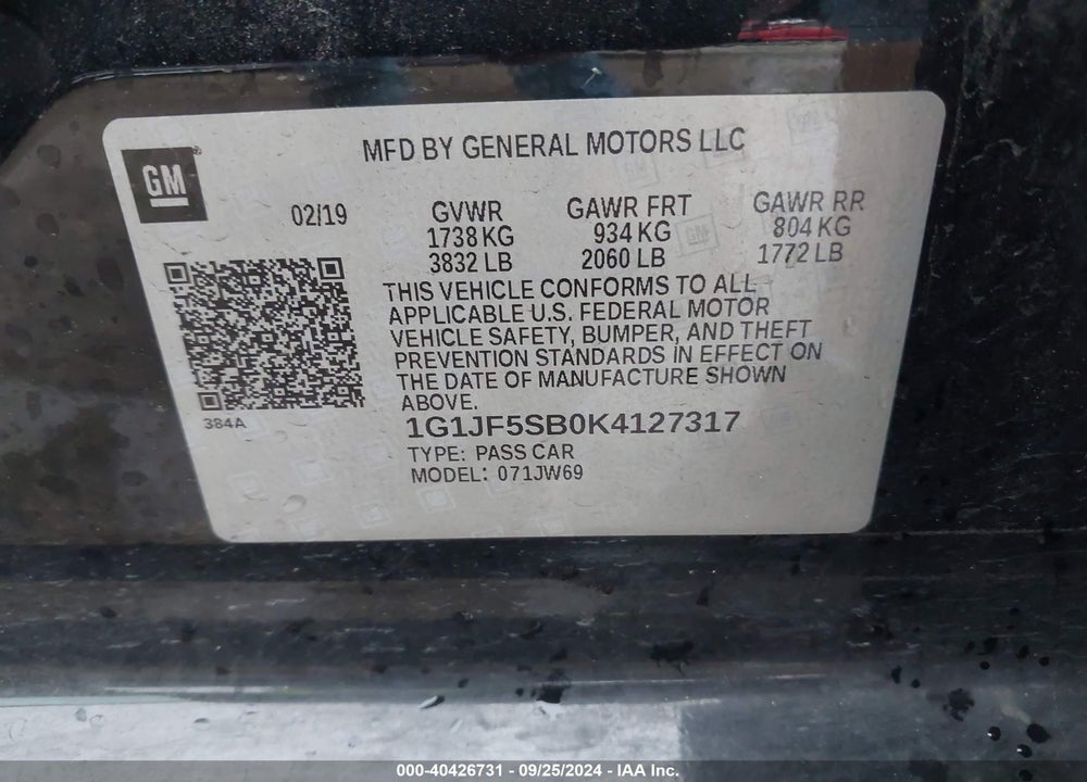 2019 CHEVROLET SONIC PREMIER AUTO VIN: 1G1JF5SB0K4127317