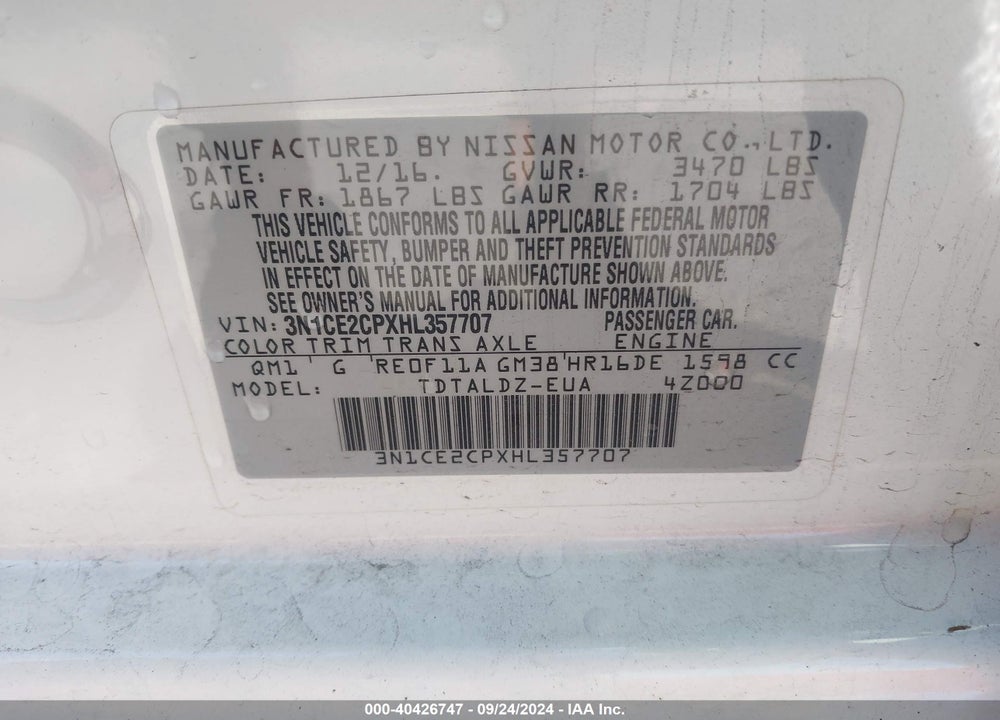 2017 NISSAN VERSA NOTE SV VIN: 3N1CE2CPXHL357707
