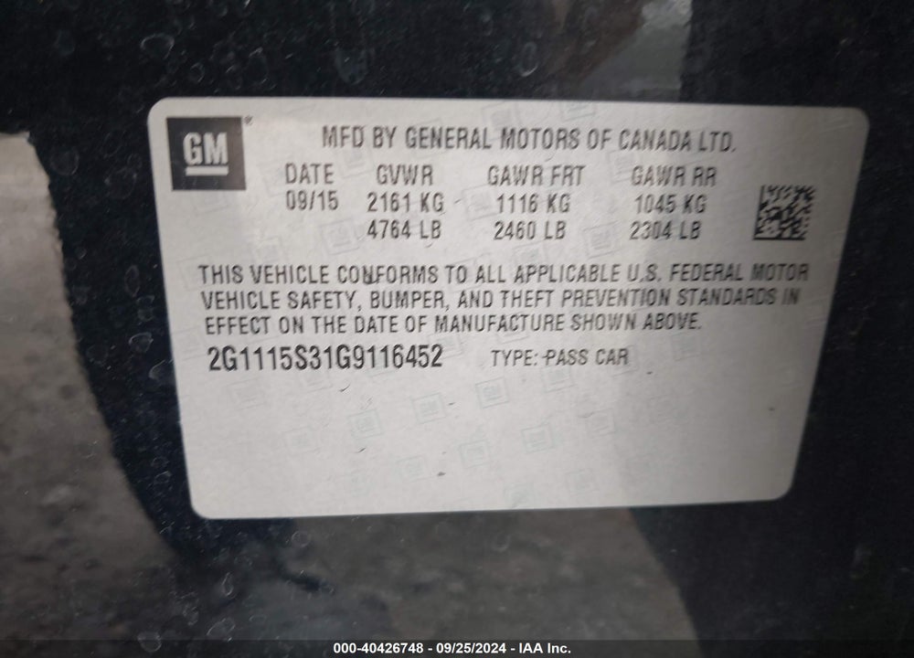 2016 CHEVROLET IMPALA 2LT VIN: 2G1115S31G9116452