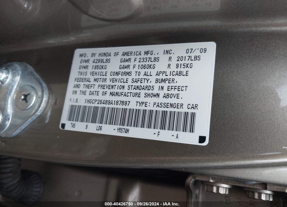 2009 HONDA ACCORD 2.4 LX-P VIN: 1HGCP26489A187897
