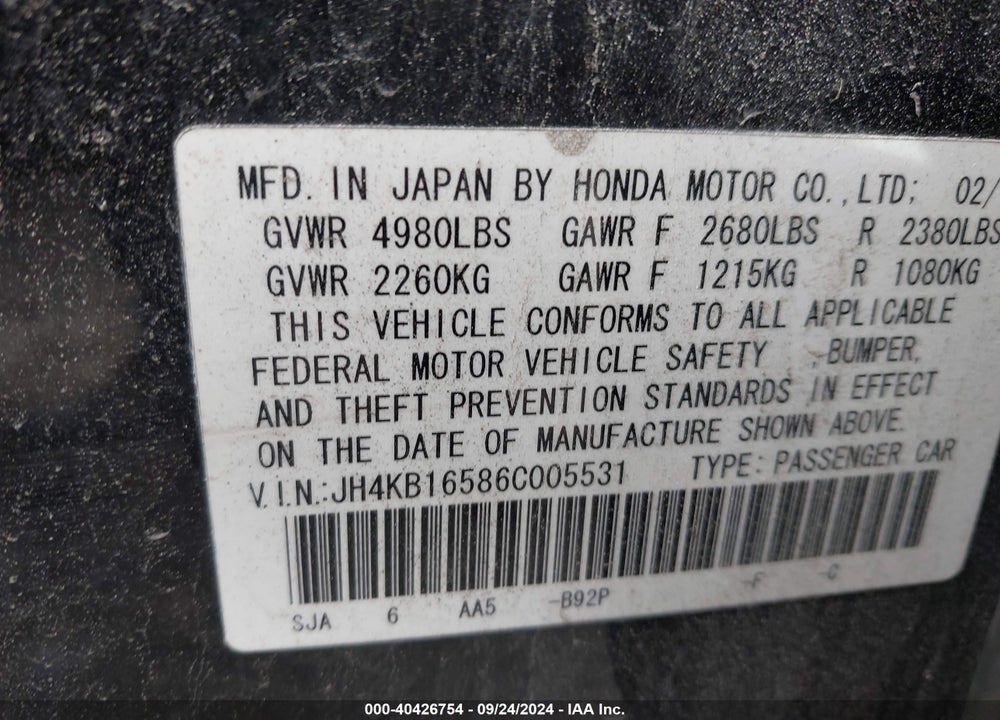 2006 ACURA RL 3.5 VIN: JH4KB16586C005531