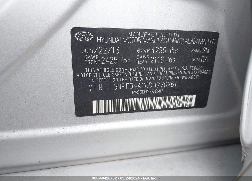 2013 HYUNDAI SONATA GLS VIN: 5NPEB4AC6DH770261