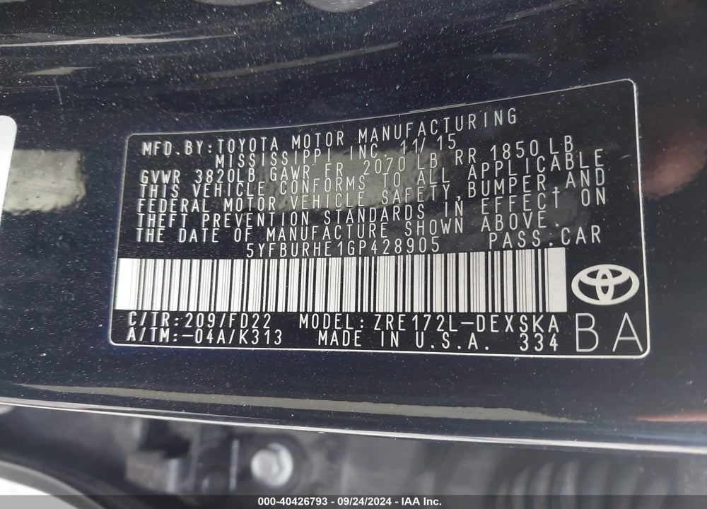 2016 TOYOTA COROLLA S PLUS VIN: 5YFBURHE1GP428905