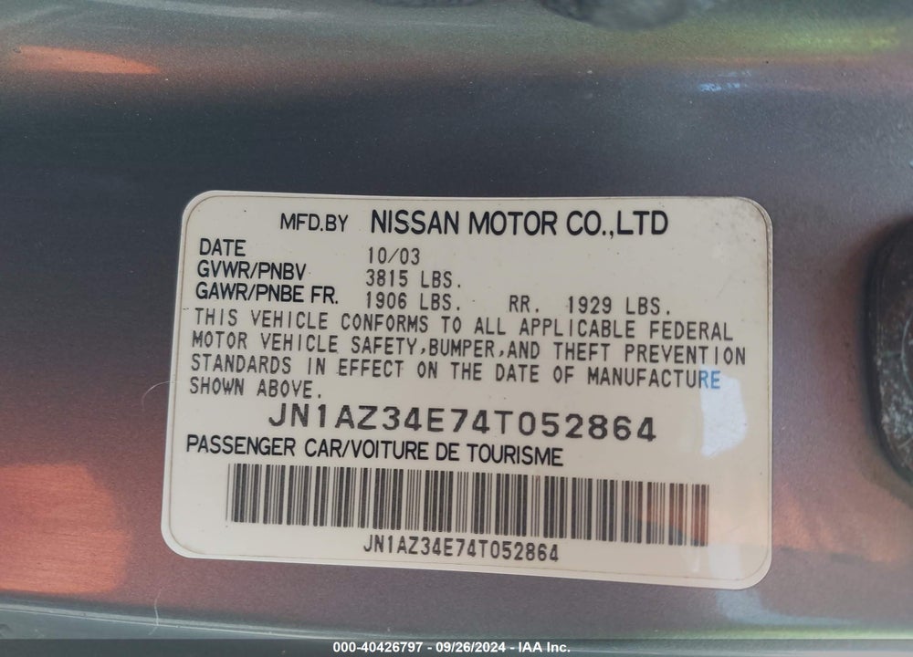 2004 NISSAN 350Z TOURING VIN: JN1AZ34E74T052864