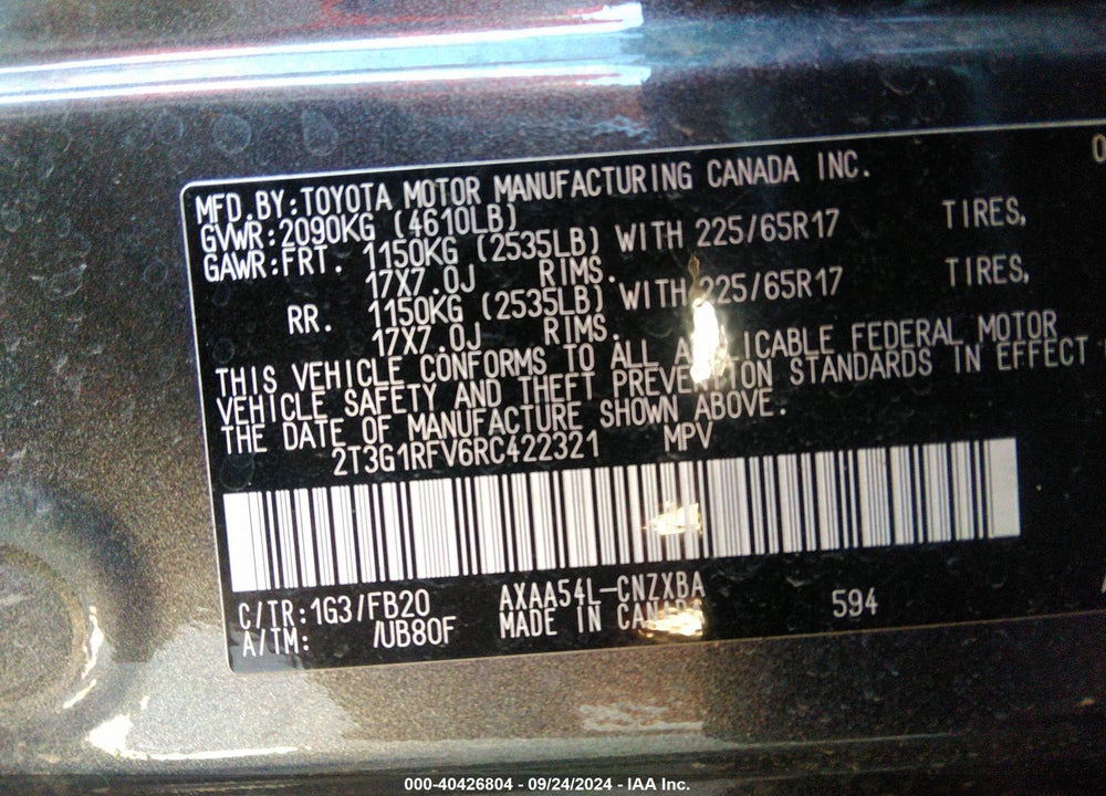 2024 TOYOTA RAV4 LE VIN: 2T3G1RFV6RC422321