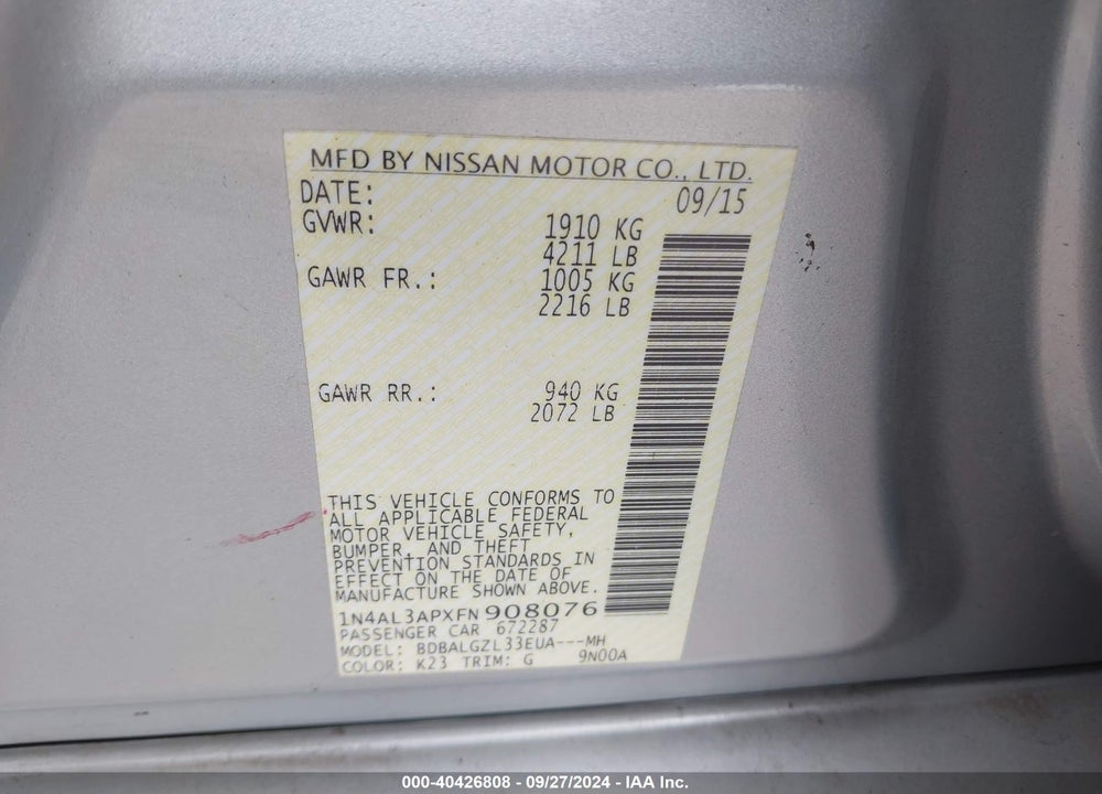 2015 NISSAN ALTIMA 2.5 S VIN: 1N4AL3APXFN908076