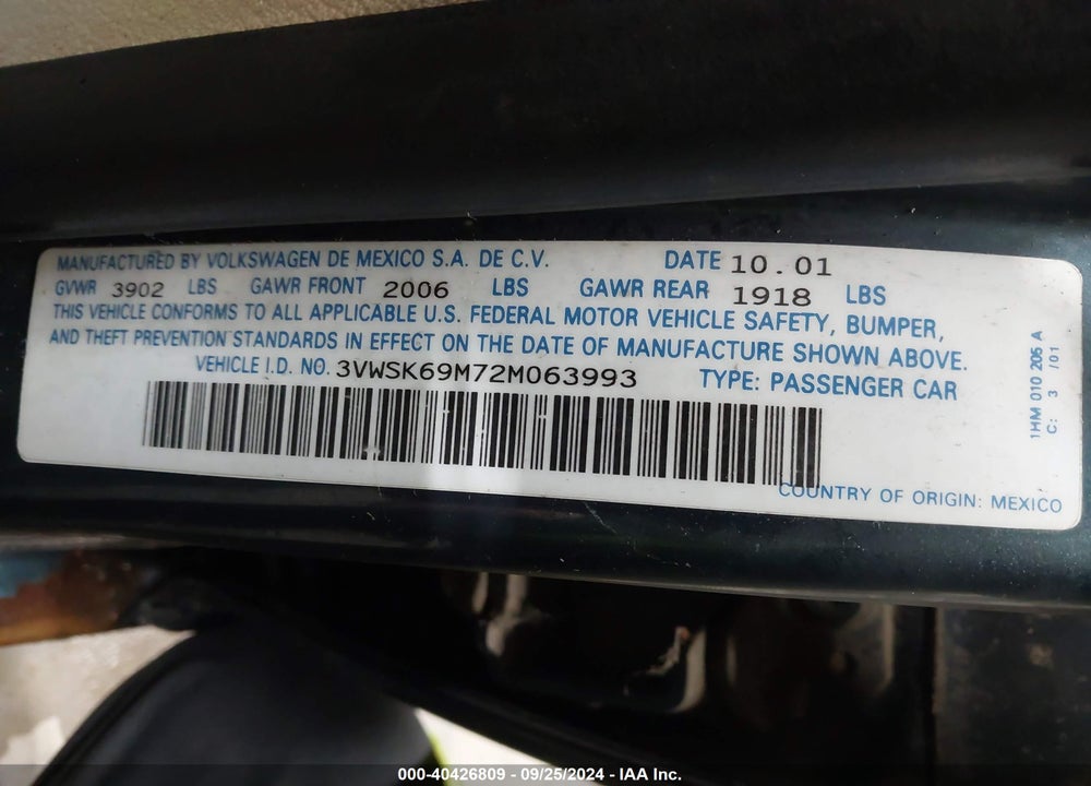 2002 VOLKSWAGEN JETTA GLS VIN: 3VWSK69M72M063993