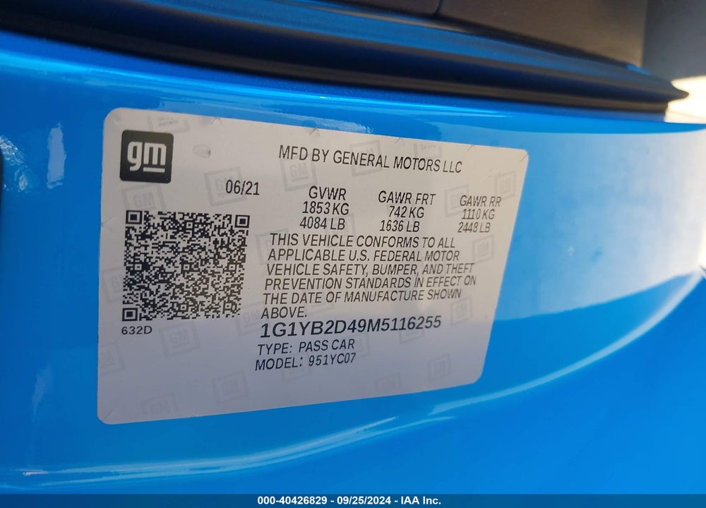 2021 CHEVROLET CORVETTE 2LT VIN: 1G1YB2D49M5116255