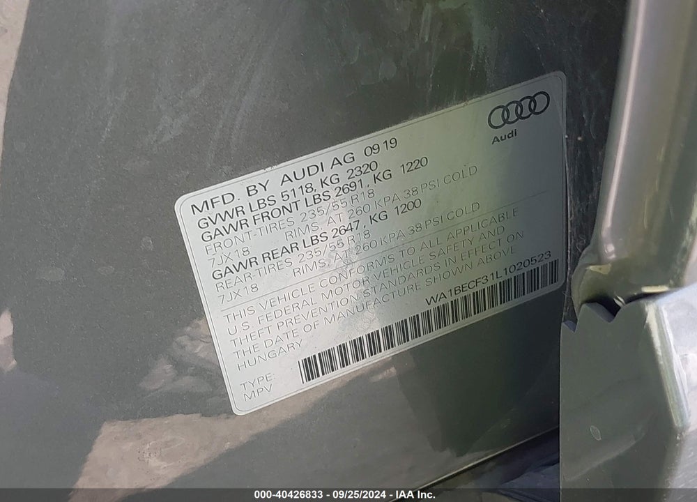2020 AUDI Q3 PREMIUM PLUS 45 TFSI QUATTRO TIPTRONIC VIN: WA1BECF31L1020523
