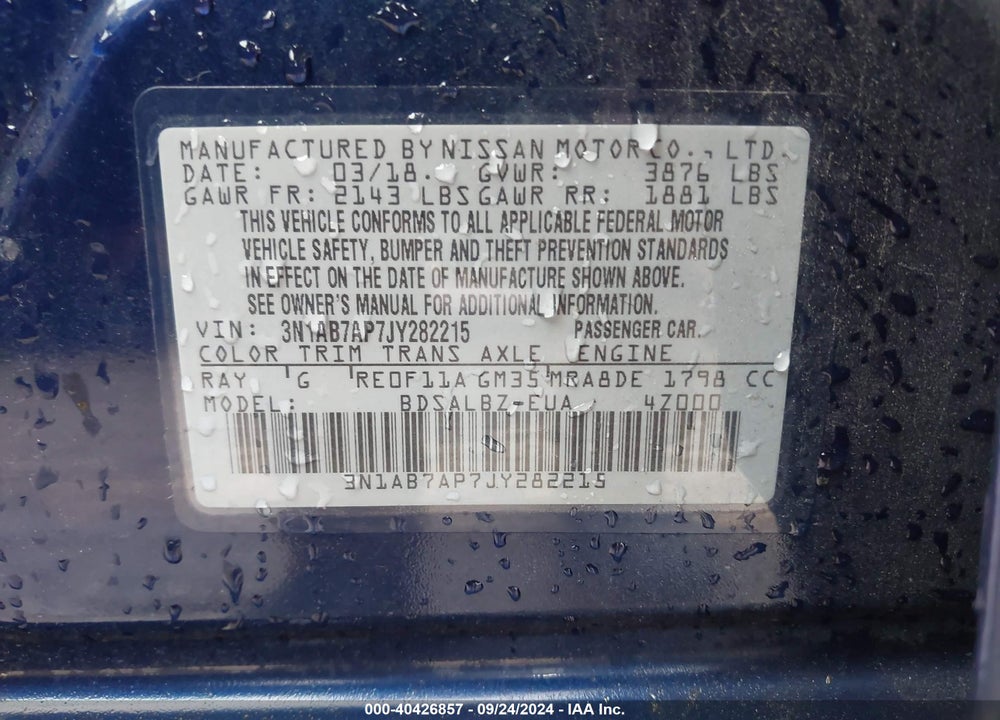 2018 NISSAN SENTRA S VIN: 3N1AB7AP7JY282215