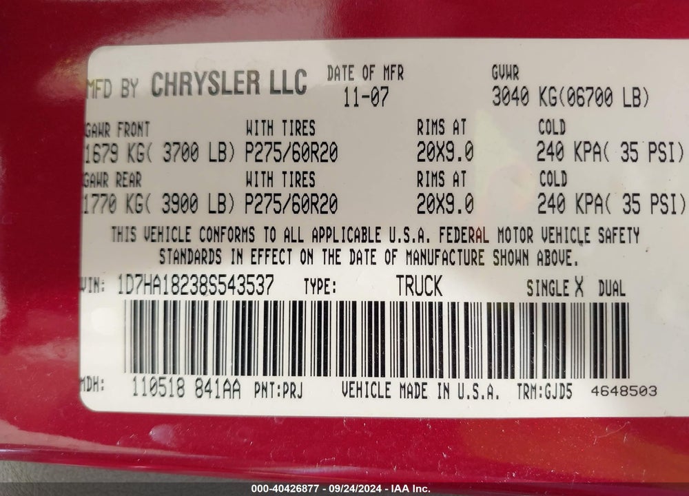 2008 DODGE RAM 1500 LARAMIE VIN: 1D7HA18238S543537
