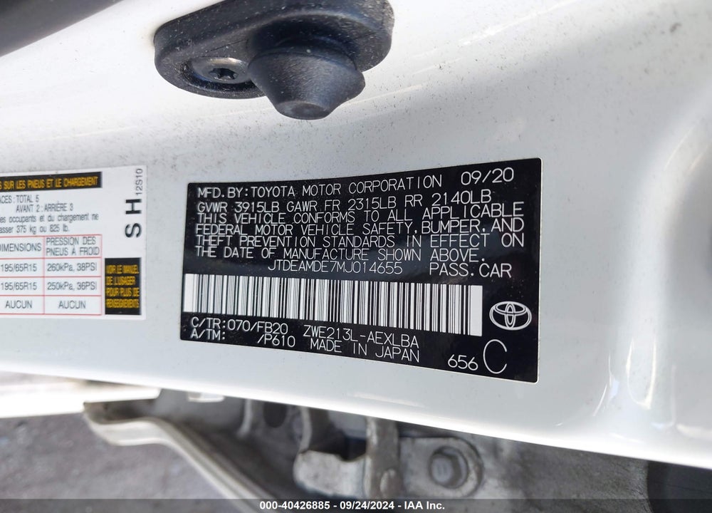 2021 TOYOTA COROLLA HYBRID LE VIN: JTDEAMDE7MJ014655