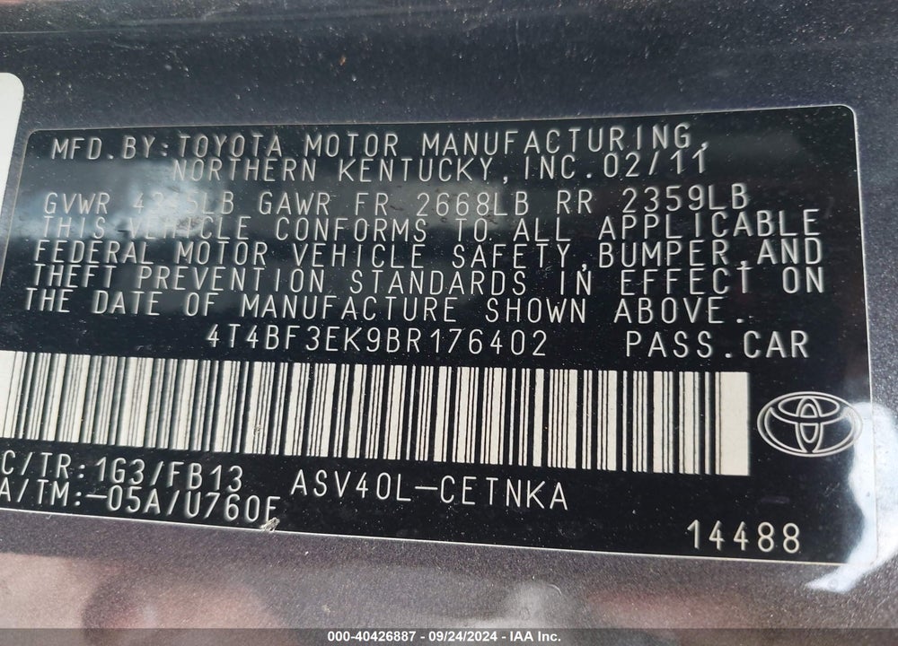 2011 TOYOTA CAMRY LE VIN: 4T4BF3EK9BR176402