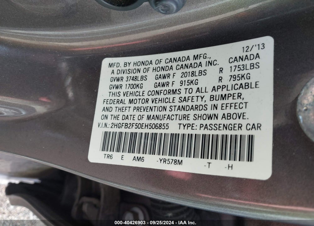 2014 HONDA CIVIC LX VIN: 2HGFB2F50EH506855