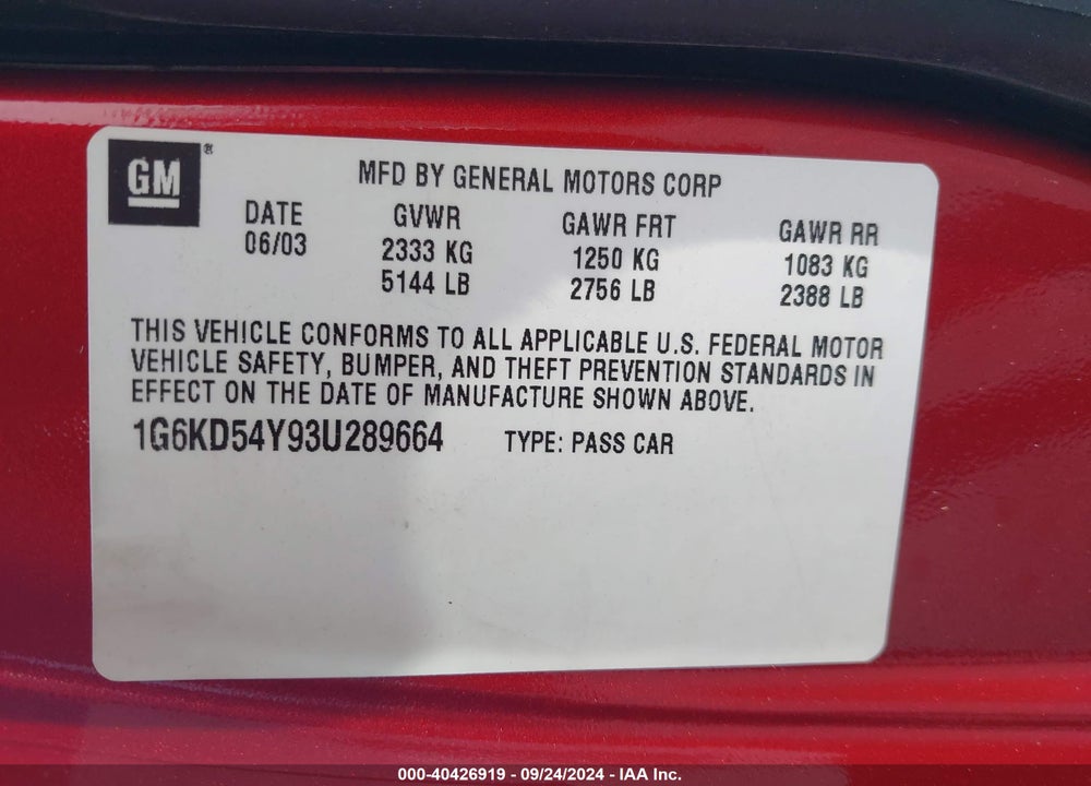 2003 CADILLAC DEVILLE STANDARD VIN: 1G6KD54Y93U289664
