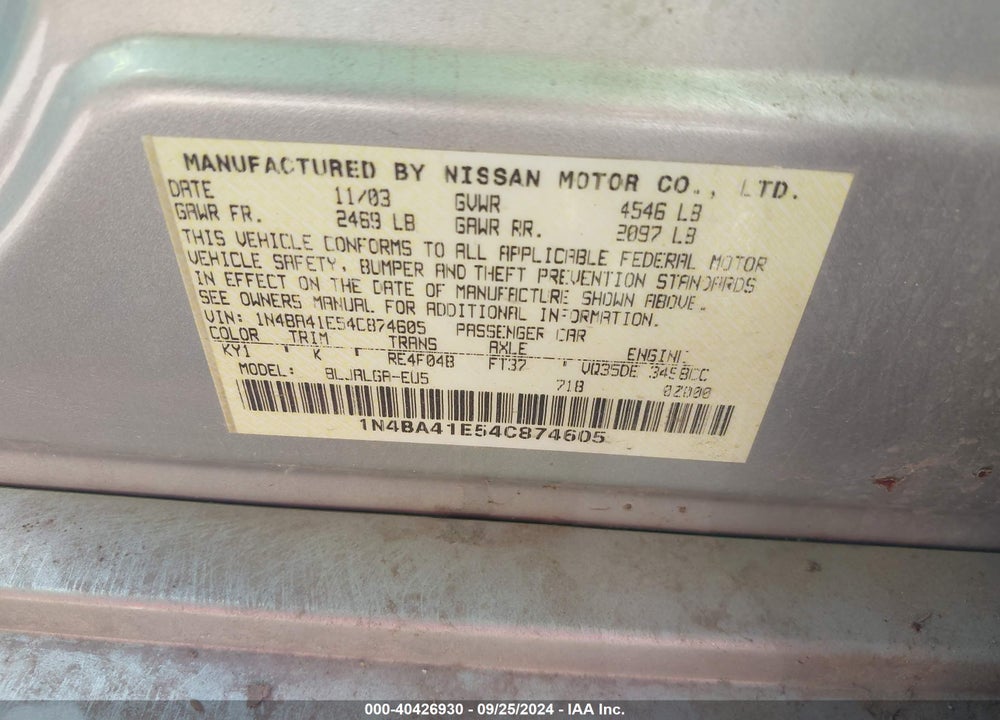 2004 NISSAN MAXIMA 3.5 SL VIN: 1N4BA41E54C874605