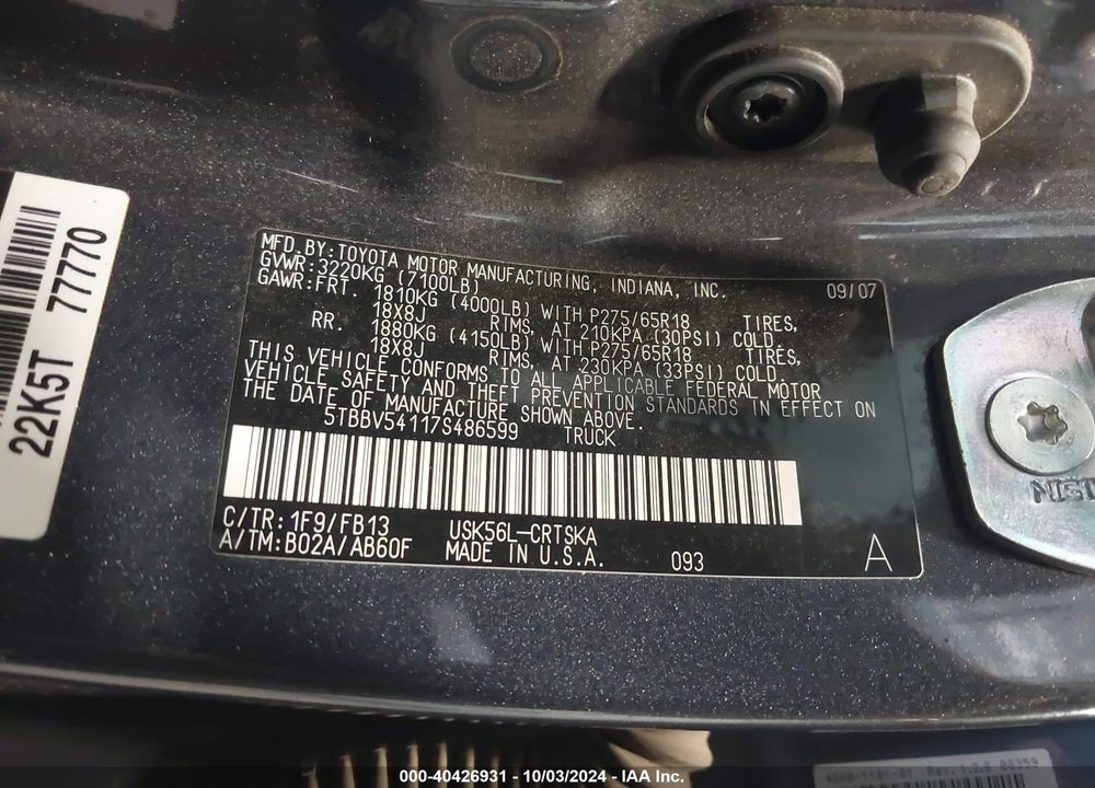 2007 TOYOTA TUNDRA SR5 5.7L V8 VIN: 5TBBV54117S486599