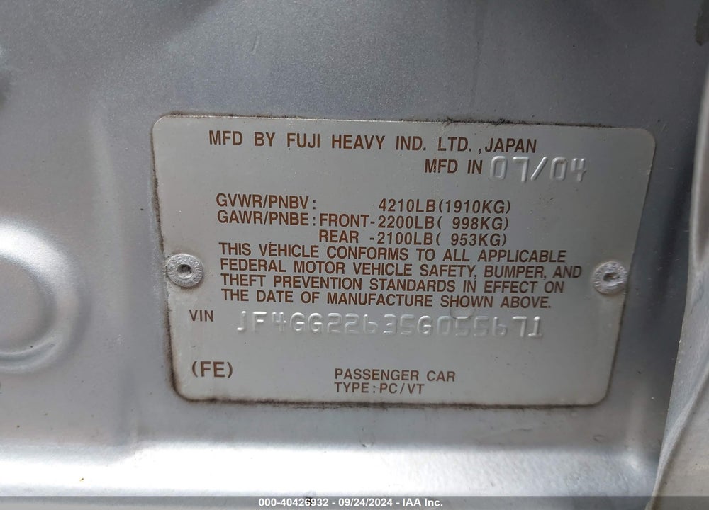 2005 SAAB 9-2X AERO VIN: JF4GG22635G055671