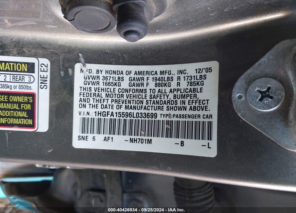 2006 HONDA CIVIC LX VIN: 1HGFA15596L033699