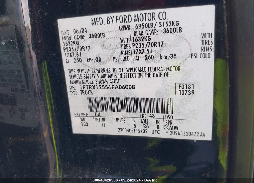 2004 FORD F-150 LARIAT/XLT VIN: 1FTRX12554FA06008