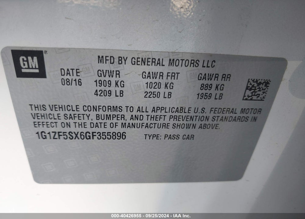 2016 CHEVROLET MALIBU VIN: 1G1ZF5SX6GF355896