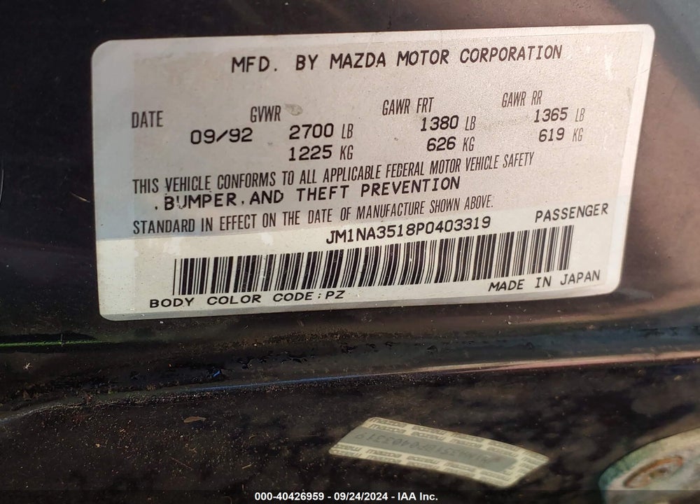 1993 MAZDA MX-5 MIATA VIN: JM1NA3518P0403319